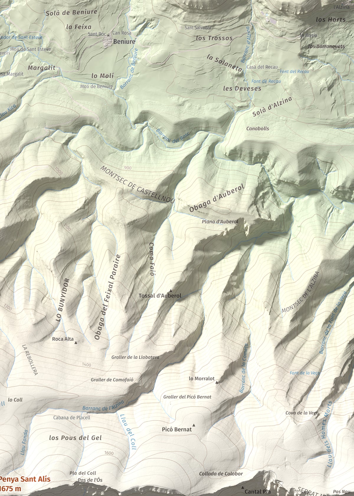 Mapa de relieve de Penya Sant Alís, 1675 m, Noguera · Pallars Jussà, lámina 100 Cims de Trobart. Detalle de la zona superior derecha. 50 × 70 cm.