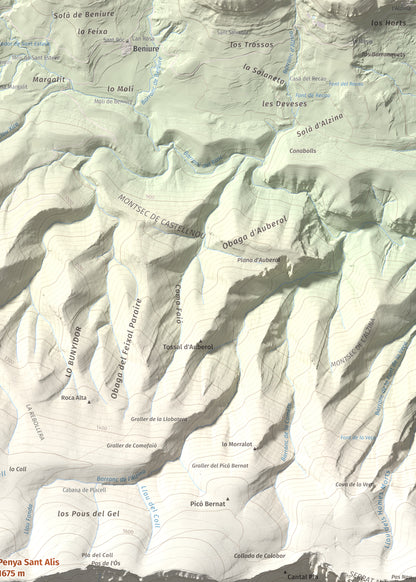 Mapa de relieve de Penya Sant Alís, 1675 m, Noguera · Pallars Jussà, lámina 100 Cims de Trobart. Detalle de la zona superior derecha. 50 × 70 cm.