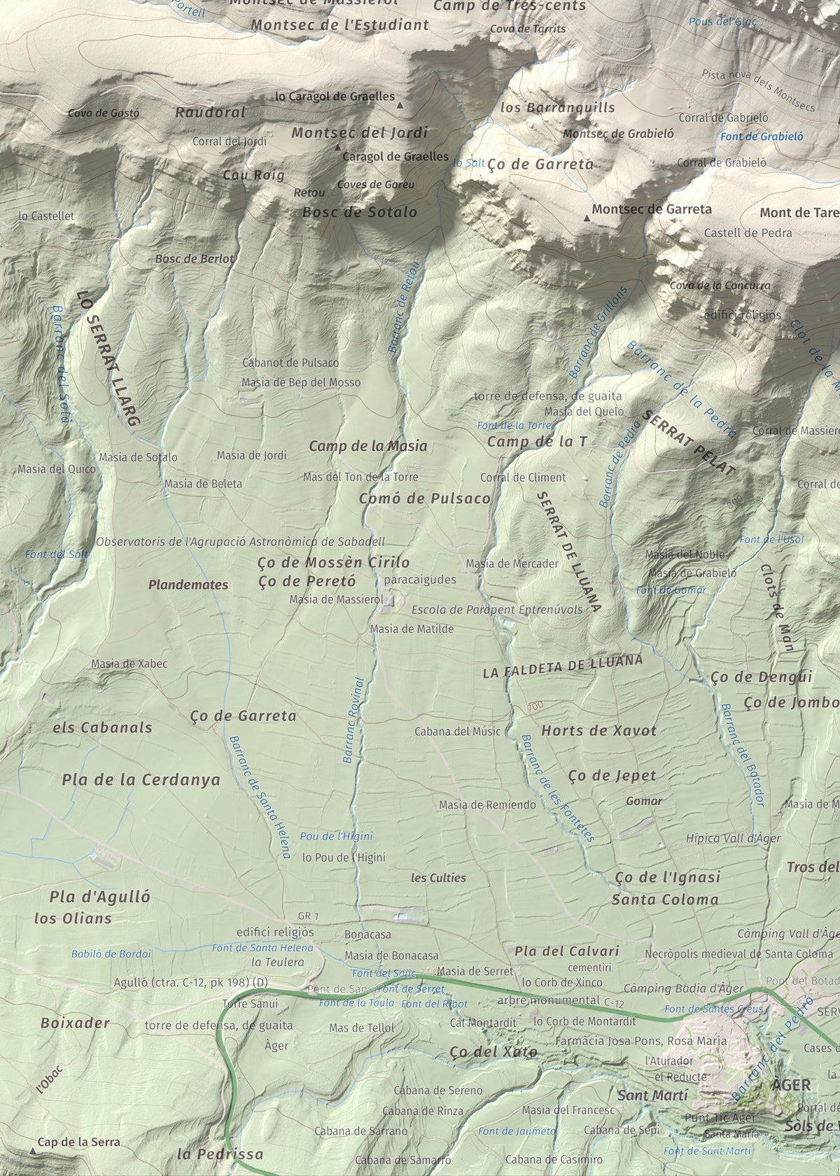 Mapa de relieve de Penya Sant Alís, 1675 m, Noguera · Pallars Jussà, lámina 100 Cims de Trobart. Detalle de la zona inferior izquierda. 50 × 70 cm.