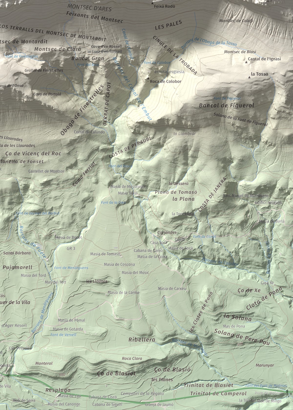 Mapa de relieve de Penya Sant Alís, 1675 m, Noguera · Pallars Jussà, lámina 100 Cims de Trobart. Detalle de la zona inferior derecha. 50 × 70 cm.