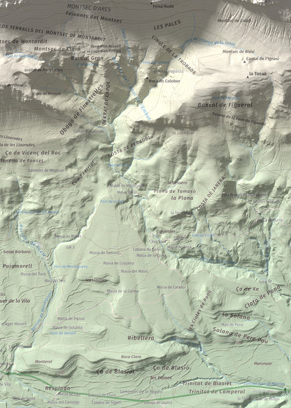 Mapa de relieve de Penya Sant Alís, 1675 m, Noguera · Pallars Jussà, lámina 100 Cims de Trobart. Detalle de la zona inferior derecha. 50 × 70 cm.