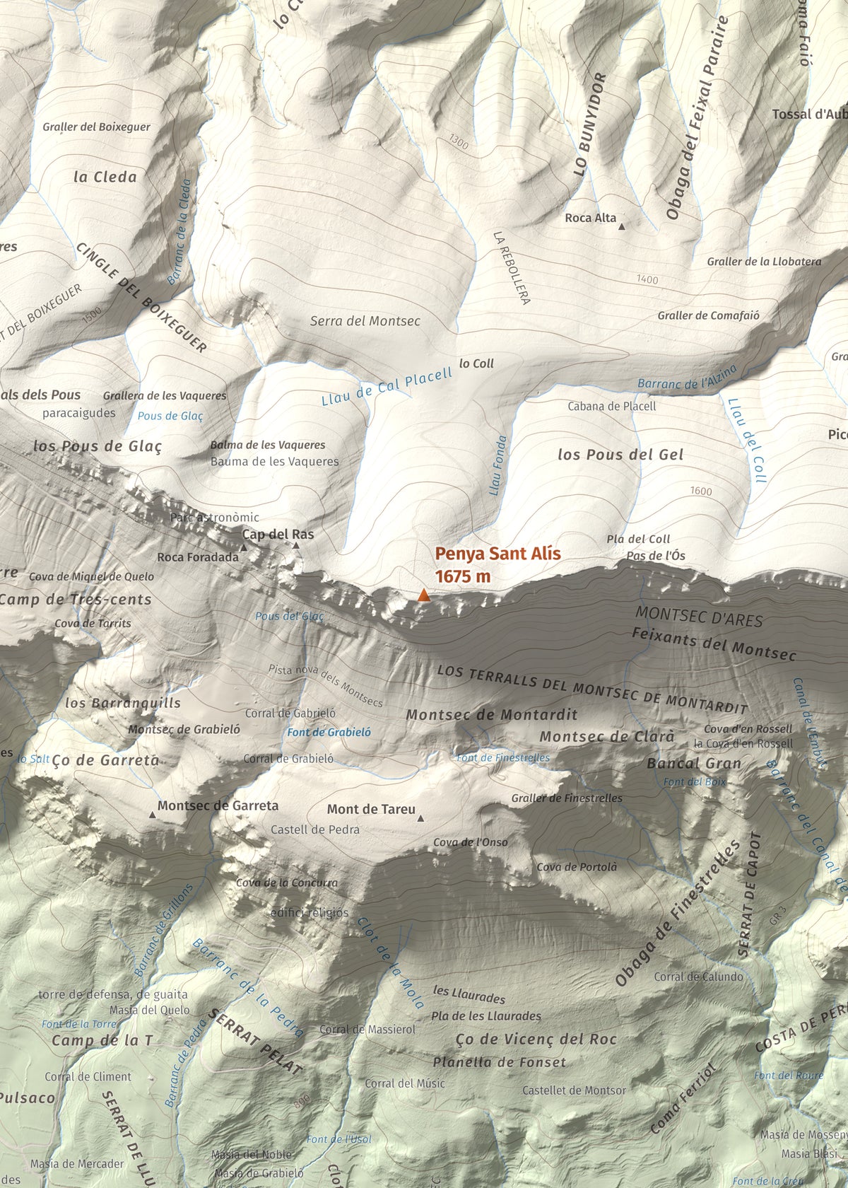Mapa de relieve de Penya Sant Alís, 1675 m, Noguera · Pallars Jussà, lámina 100 Cims de Trobart. Detalle de la zona central. 50 × 70 cm.
