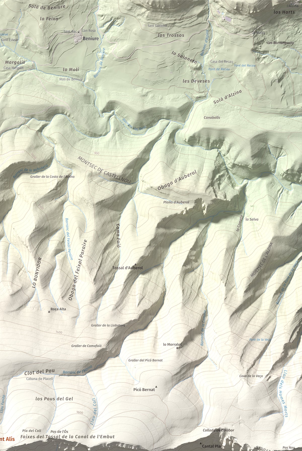 Mapa de relieve de Penya Sant Alís, 1675 m, Noguera · Pallars Jussà, lámina 100 Cims de Trobart. Detalle de la zona superior derecha. 61 × 91 cm.