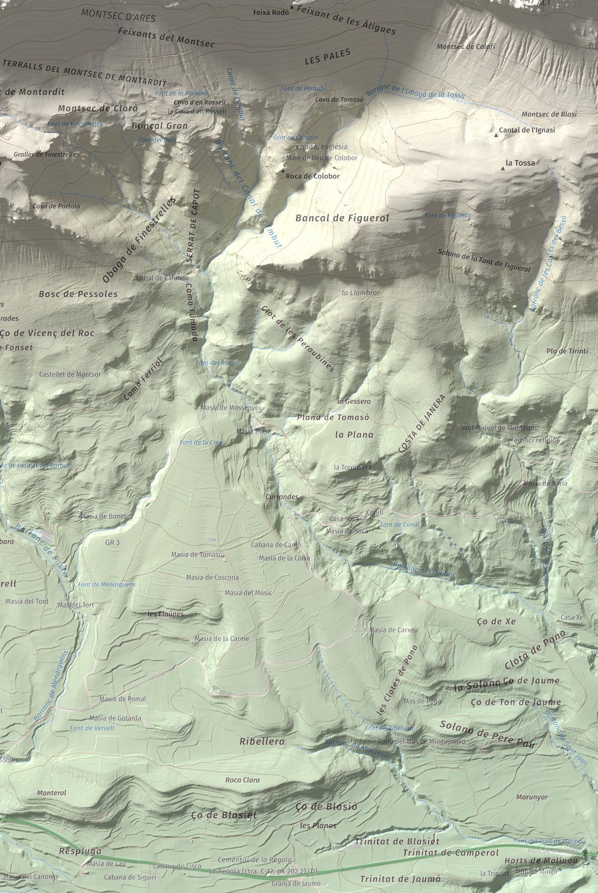 Mapa de relieve de Penya Sant Alís, 1675 m, Noguera · Pallars Jussà, lámina 100 Cims de Trobart. Detalle de la zona inferior derecha. 61 × 91 cm.