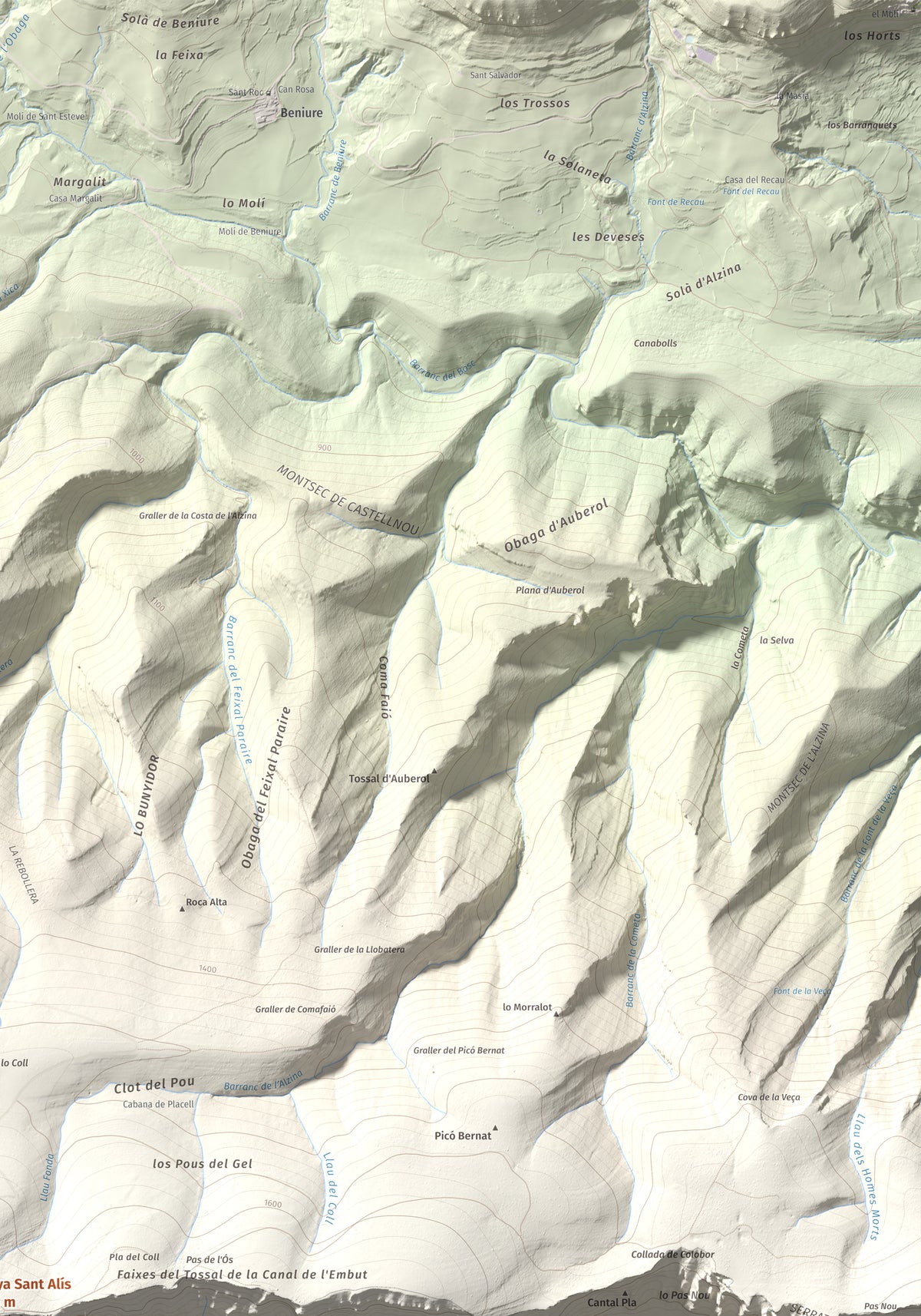Mapa de relieve de Penya Sant Alís, 1675 m, Noguera · Pallars Jussà, lámina 100 Cims de Trobart. Detalle de la zona superior derecha. 70 × 100 cm.