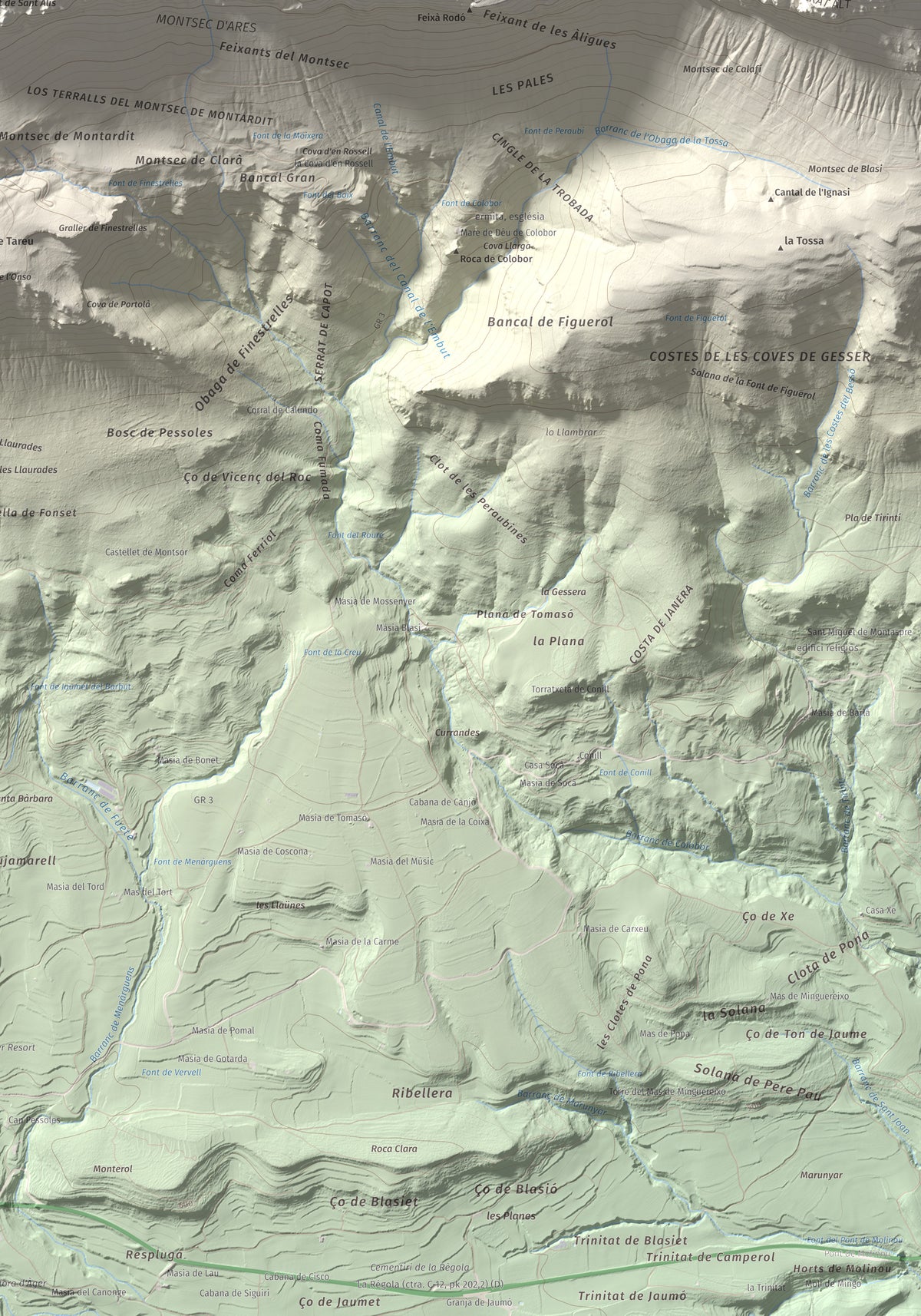 Mapa de relieve de Penya Sant Alís, 1675 m, Noguera · Pallars Jussà, lámina 100 Cims de Trobart. Detalle de la zona inferior derecha. 70 × 100 cm.