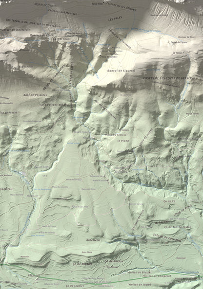Mapa de relieve de Penya Sant Alís, 1675 m, Noguera · Pallars Jussà, lámina 100 Cims de Trobart. Detalle de la zona inferior derecha. 70 × 100 cm.
