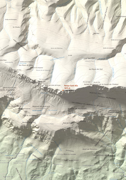 Mapa de relieve de Penya Sant Alís, 1675 m, Noguera · Pallars Jussà, lámina 100 Cims de Trobart. Detalle de la zona central. 70 × 100 cm.