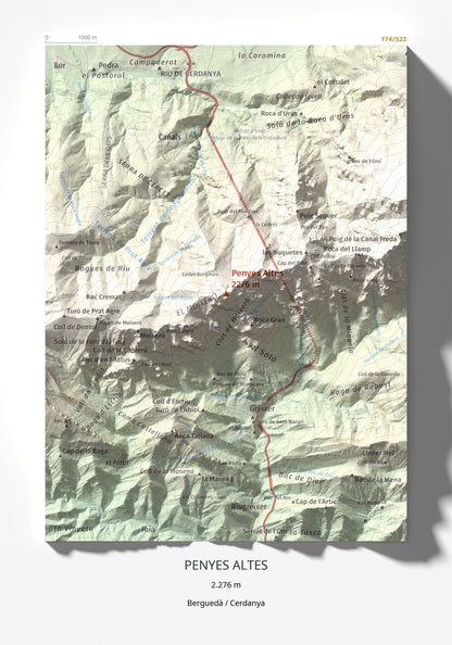 Mapa de relieve de Penyes Altes, 2276 m, Berguedà · Cerdanya, lámina 100 Cims de Trobart 21 × 30 cm.