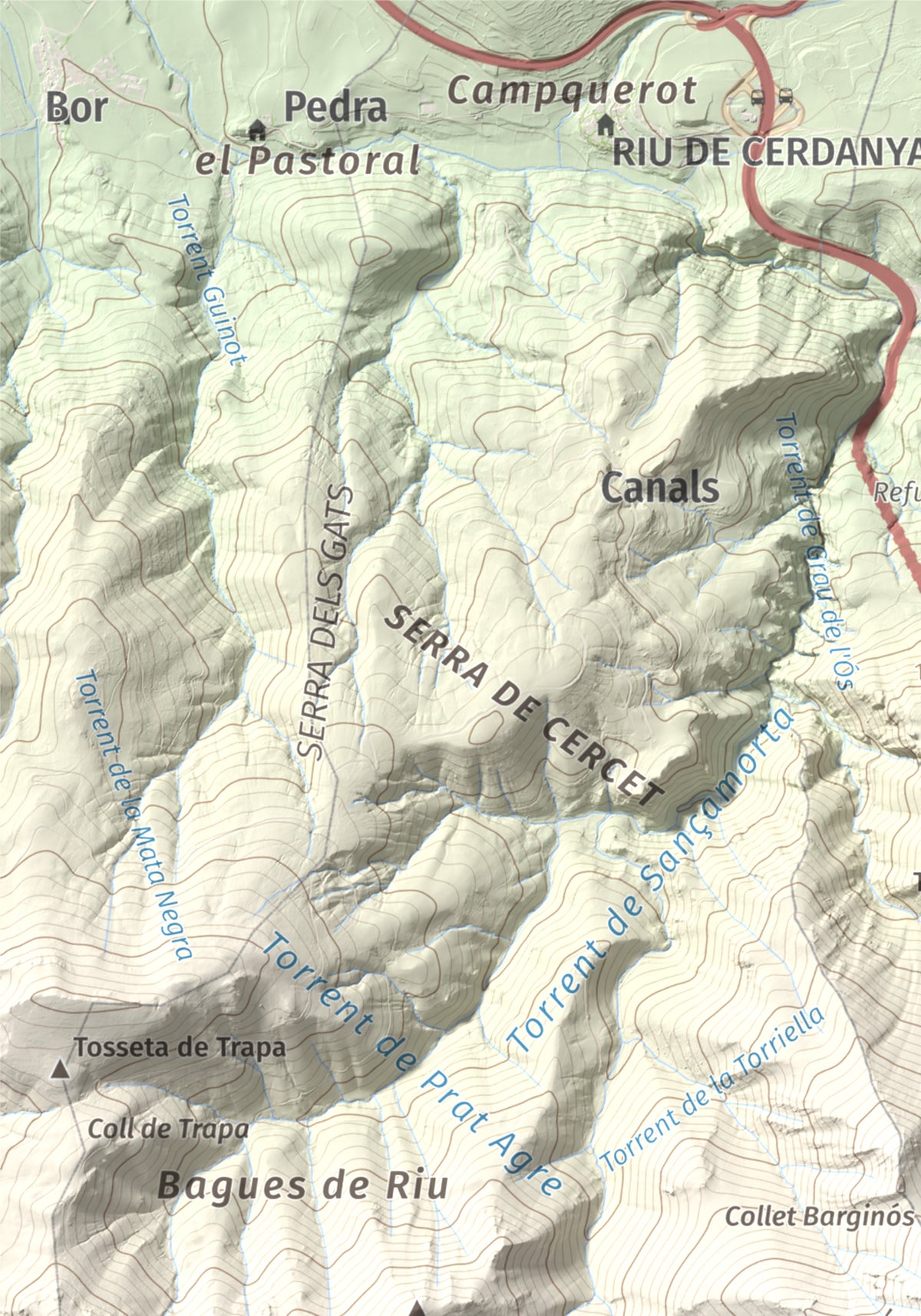 Mapa de relieve de Penyes Altes, 2276 m, Berguedà · Cerdanya, lámina 100 Cims de Trobart. Detalle de la zona superior izquierda. 21 × 30 cm.