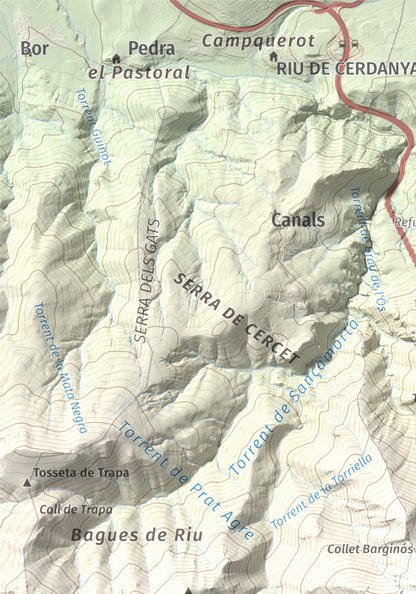 Mapa de relieve de Penyes Altes, 2276 m, Berguedà · Cerdanya, lámina 100 Cims de Trobart. Detalle de la zona superior izquierda. 21 × 30 cm.