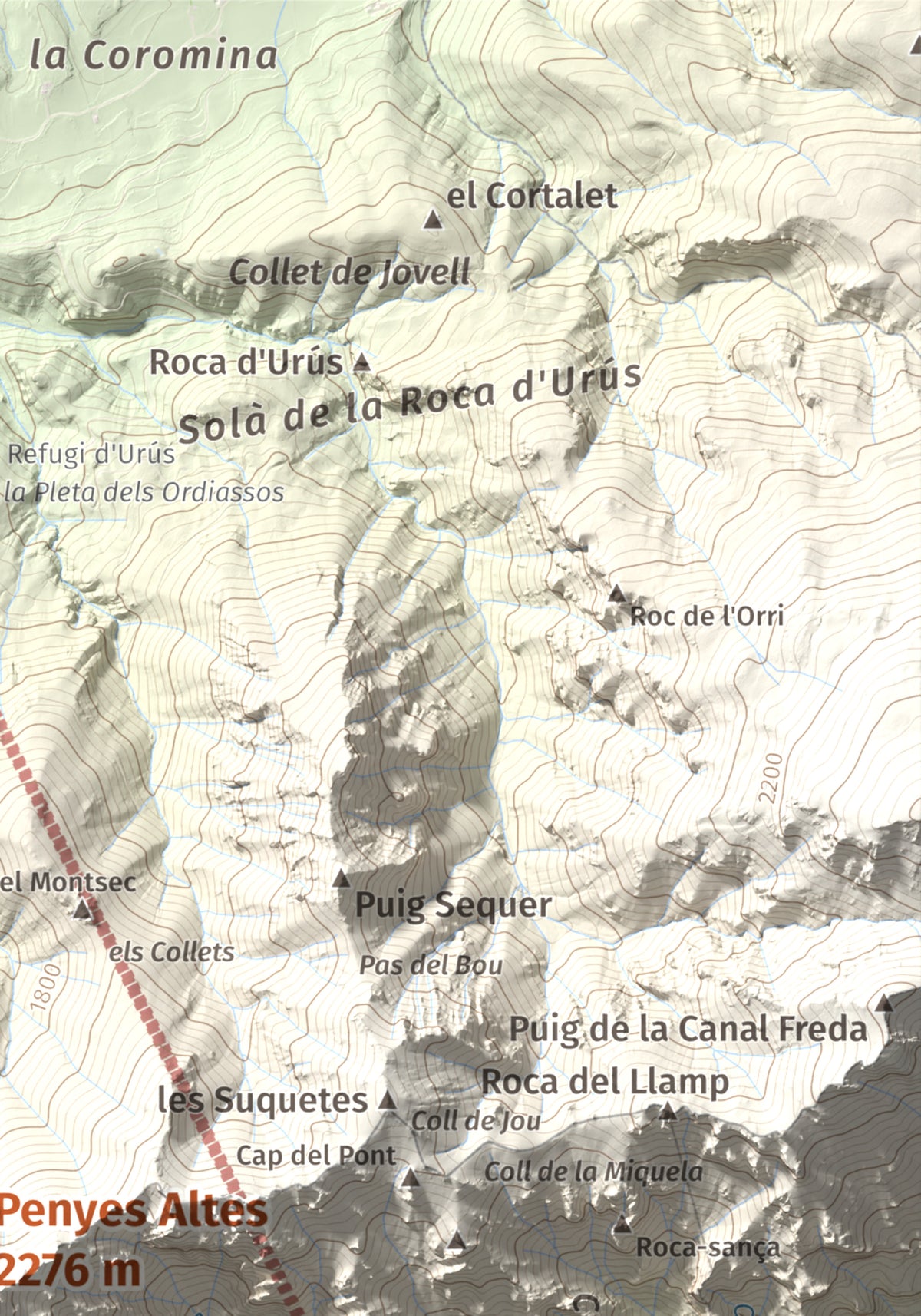 Mapa de relieve de Penyes Altes, 2276 m, Berguedà · Cerdanya, lámina 100 Cims de Trobart. Detalle de la zona superior derecha. 21 × 30 cm.