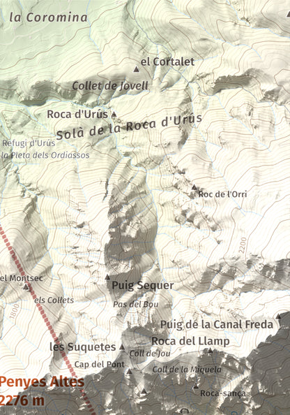 Mapa de relieve de Penyes Altes, 2276 m, Berguedà · Cerdanya, lámina 100 Cims de Trobart. Detalle de la zona superior derecha. 21 × 30 cm.