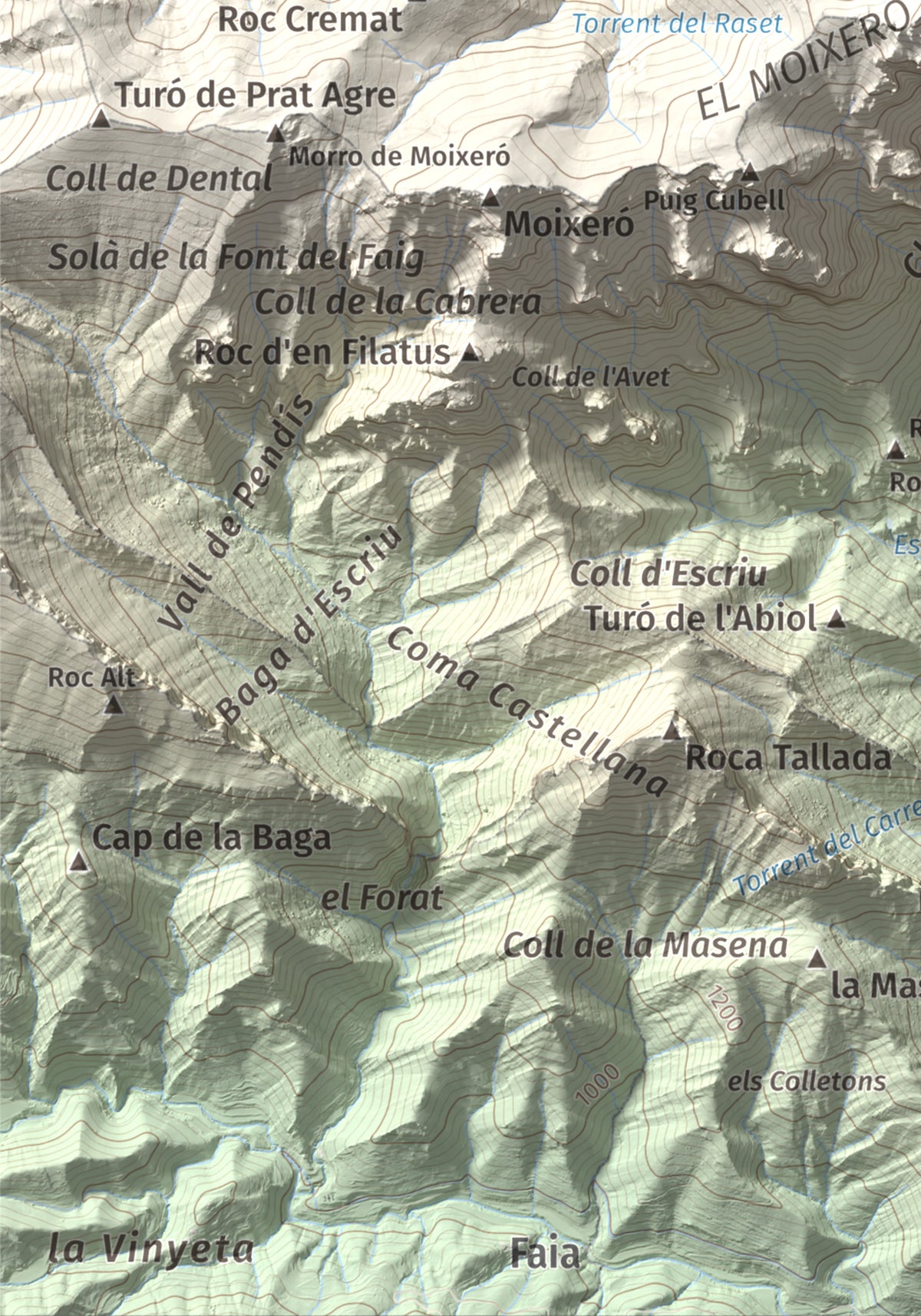 Mapa de relieve de Penyes Altes, 2276 m, Berguedà · Cerdanya, lámina 100 Cims de Trobart. Detalle de la zona inferior izquierda. 21 × 30 cm.