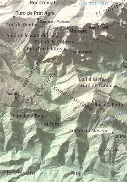 Mapa de relieve de Penyes Altes, 2276 m, Berguedà · Cerdanya, lámina 100 Cims de Trobart. Detalle de la zona inferior izquierda. 21 × 30 cm.