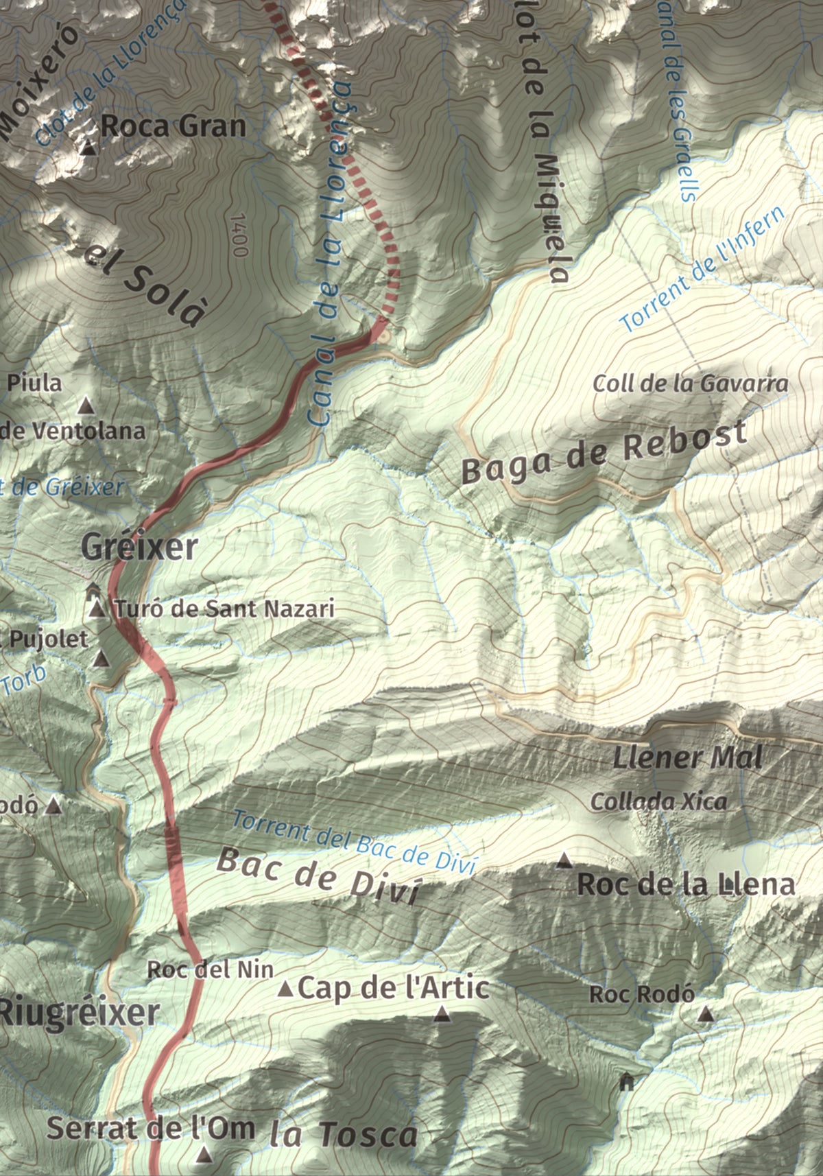 Mapa de relieve de Penyes Altes, 2276 m, Berguedà · Cerdanya, lámina 100 Cims de Trobart. Detalle de la zona inferior derecha. 21 × 30 cm.