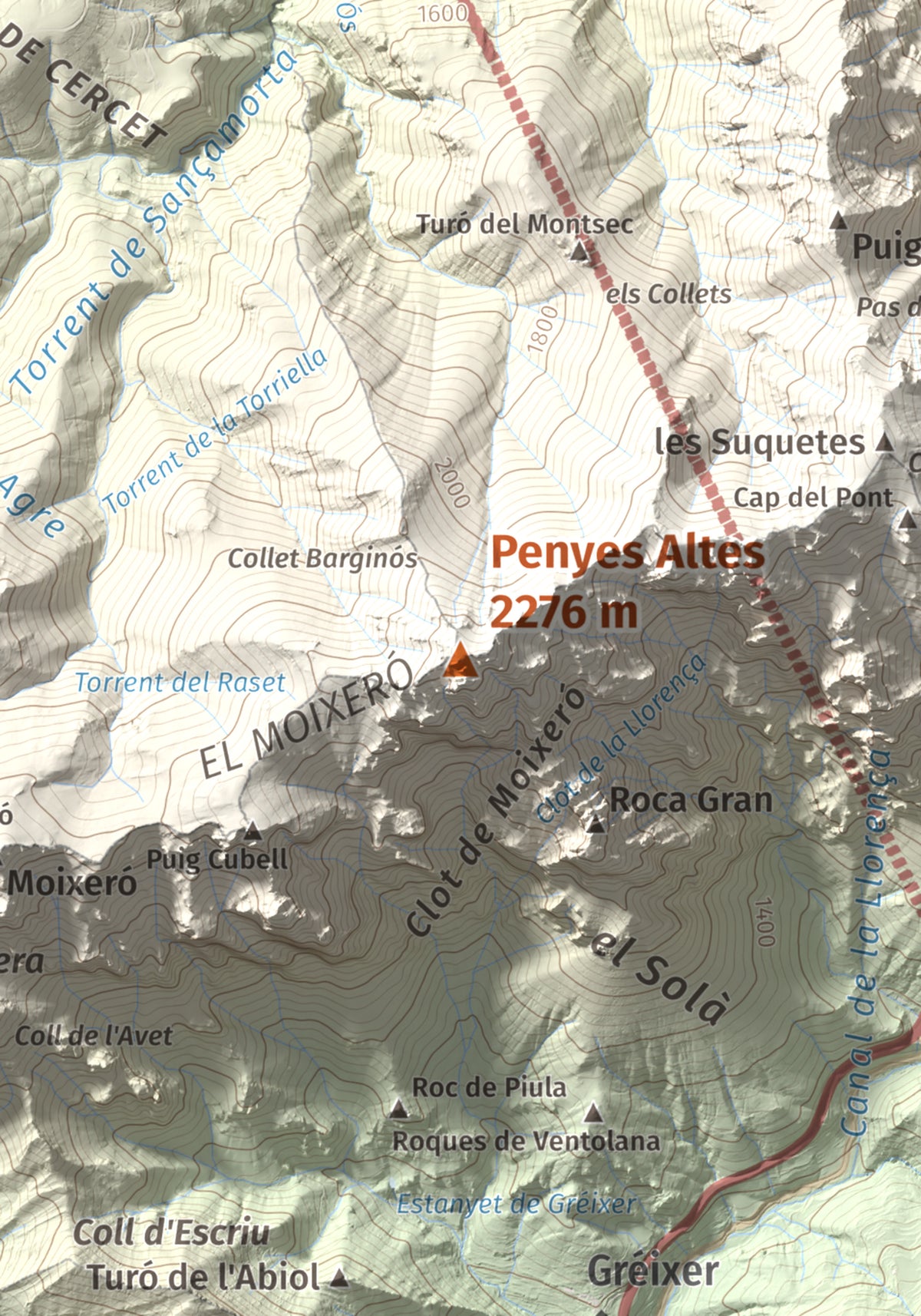 Mapa de relieve de Penyes Altes, 2276 m, Berguedà · Cerdanya, lámina 100 Cims de Trobart. Detalle de la zona central. 21 × 30 cm.