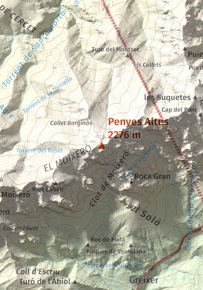 Mapa de relieve de Penyes Altes, 2276 m, Berguedà · Cerdanya, lámina 100 Cims de Trobart. Detalle de la zona central. 21 × 30 cm.