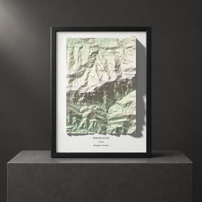 Mapa de relieve de Penyes Altes, 2276 m, Berguedà · Cerdanya, lámina 100 Cims de Trobart. Presentación enmarcada. 30 × 40 cm.
