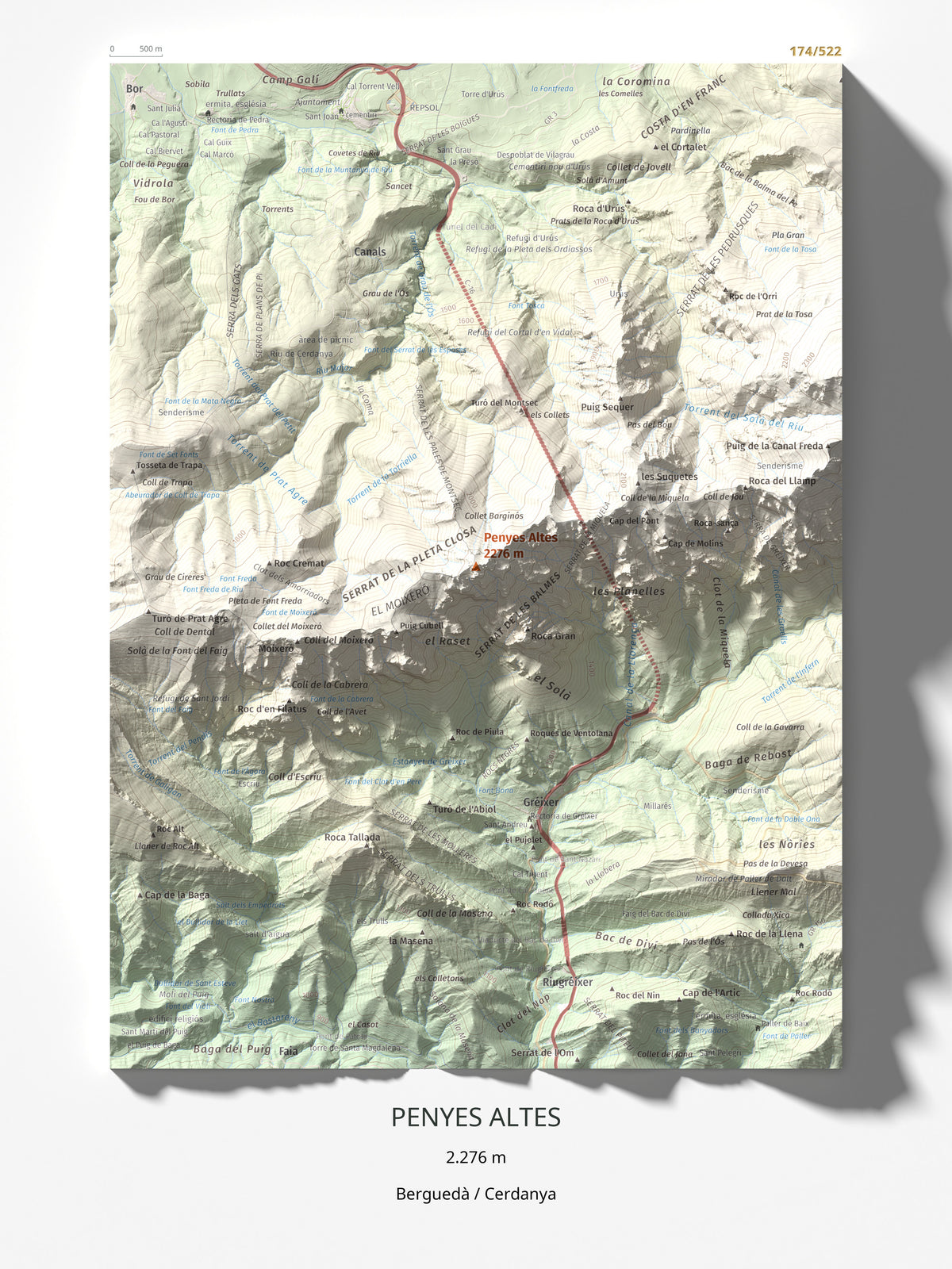 Mapa de relieve de Penyes Altes, 2276 m, Berguedà · Cerdanya, lámina 100 Cims de Trobart 30 × 40 cm.