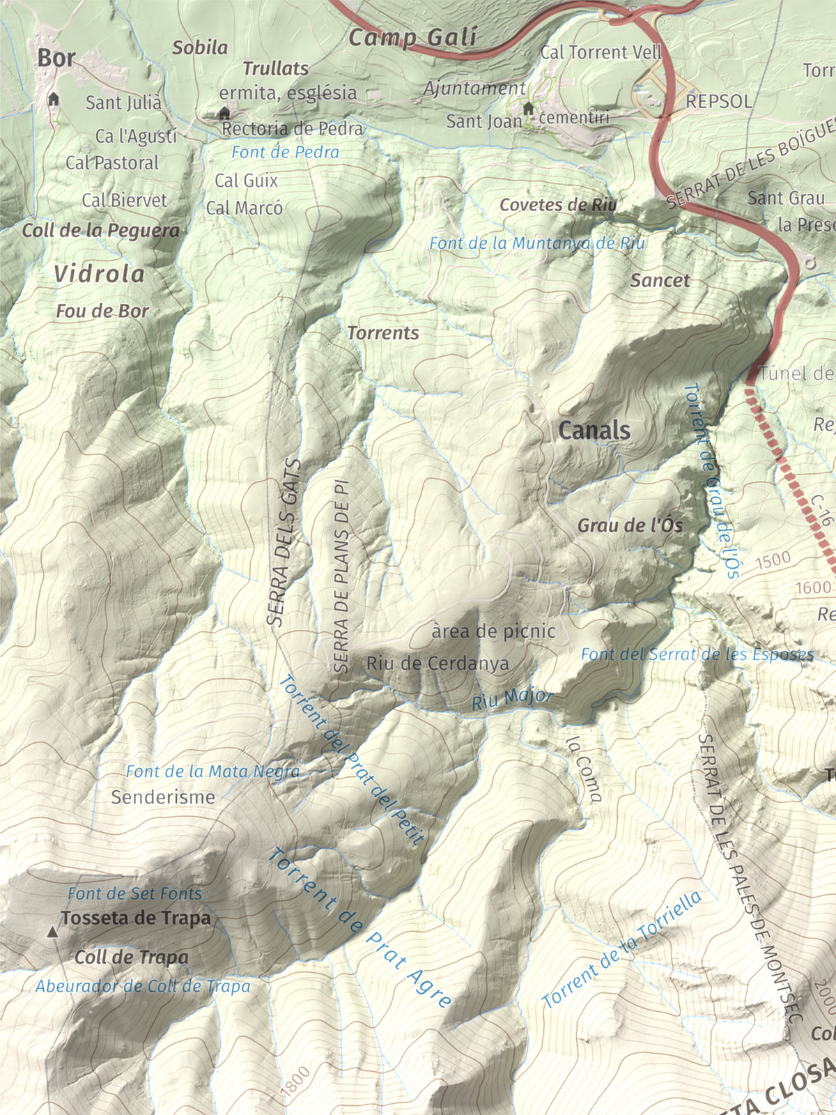 Mapa de relieve de Penyes Altes, 2276 m, Berguedà · Cerdanya, lámina 100 Cims de Trobart. Detalle de la zona superior izquierda. 30 × 40 cm.