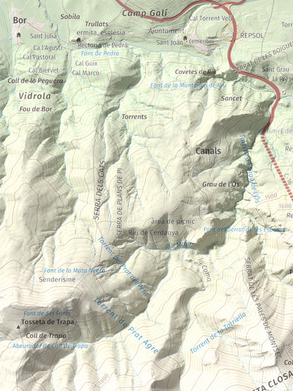 Mapa de relieve de Penyes Altes, 2276 m, Berguedà · Cerdanya, lámina 100 Cims de Trobart. Detalle de la zona superior izquierda. 30 × 40 cm.