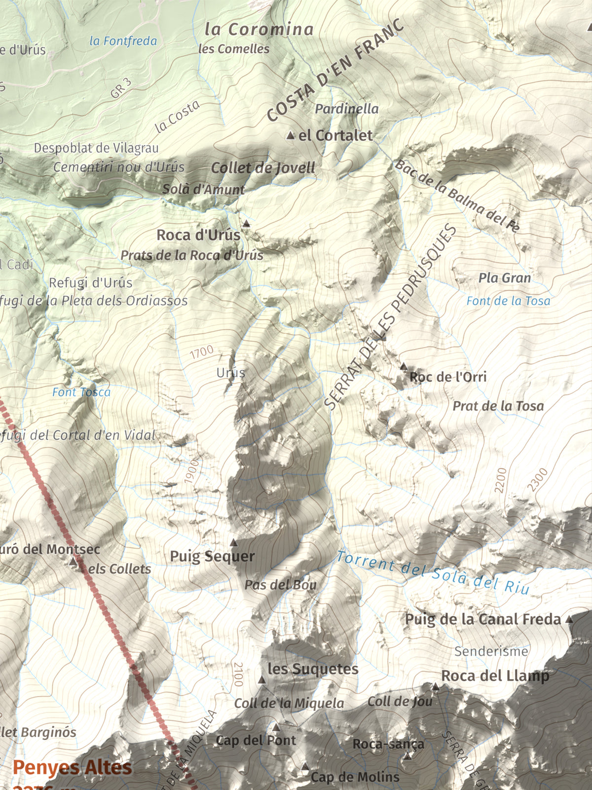 Mapa de relieve de Penyes Altes, 2276 m, Berguedà · Cerdanya, lámina 100 Cims de Trobart. Detalle de la zona superior derecha. 30 × 40 cm.