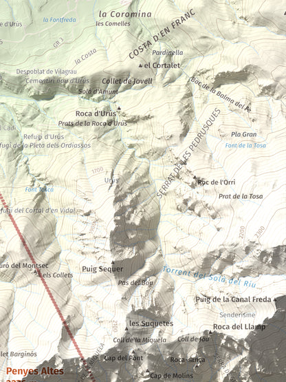 Mapa de relieve de Penyes Altes, 2276 m, Berguedà · Cerdanya, lámina 100 Cims de Trobart. Detalle de la zona superior derecha. 30 × 40 cm.