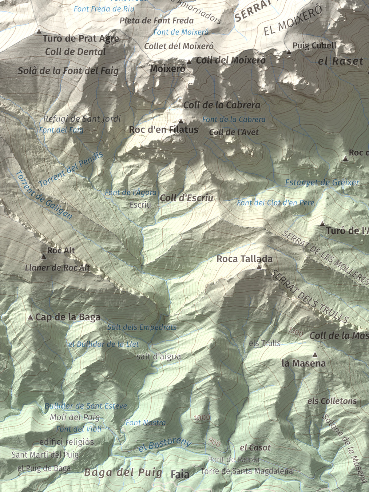 Mapa de relieve de Penyes Altes, 2276 m, Berguedà · Cerdanya, lámina 100 Cims de Trobart. Detalle de la zona inferior izquierda. 30 × 40 cm.