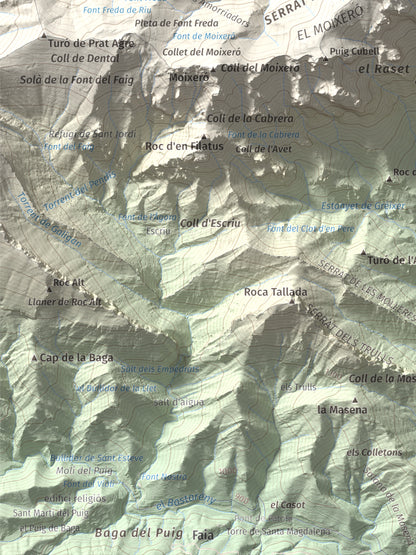 Mapa de relieve de Penyes Altes, 2276 m, Berguedà · Cerdanya, lámina 100 Cims de Trobart. Detalle de la zona inferior izquierda. 30 × 40 cm.