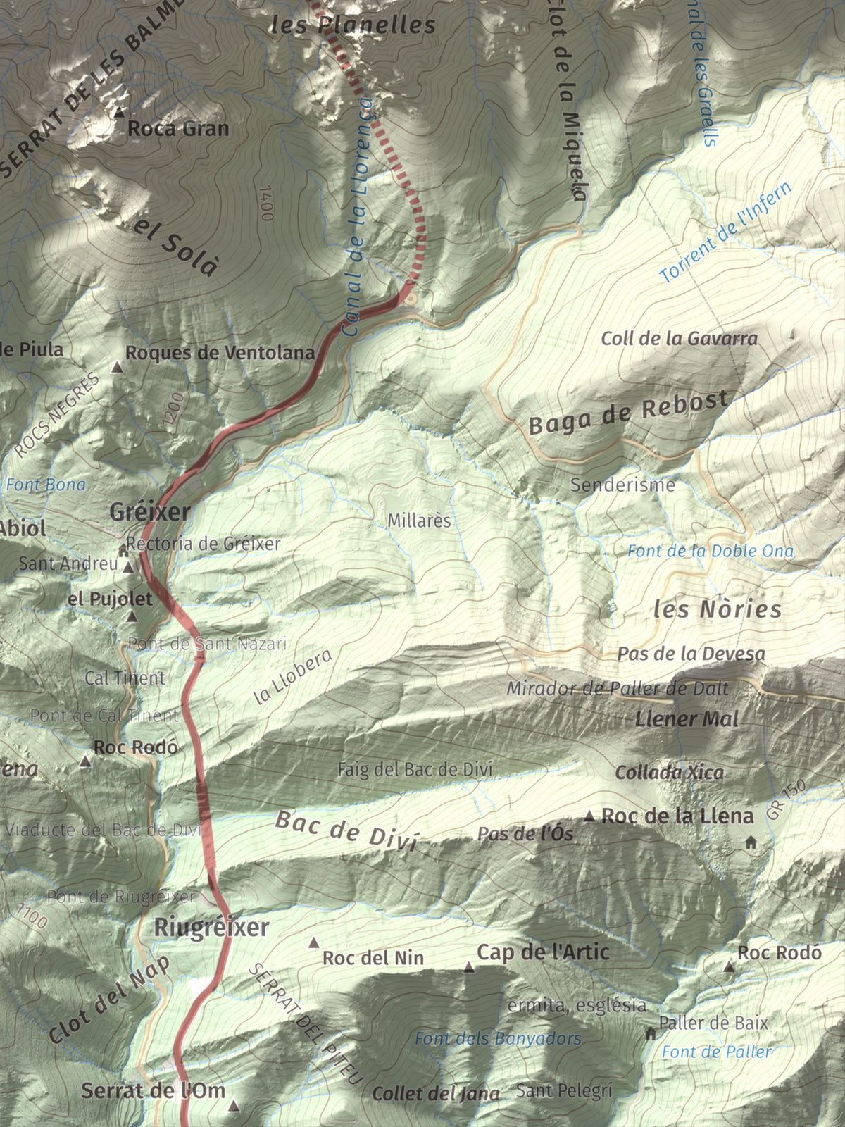 Mapa de relieve de Penyes Altes, 2276 m, Berguedà · Cerdanya, lámina 100 Cims de Trobart. Detalle de la zona inferior derecha. 30 × 40 cm.