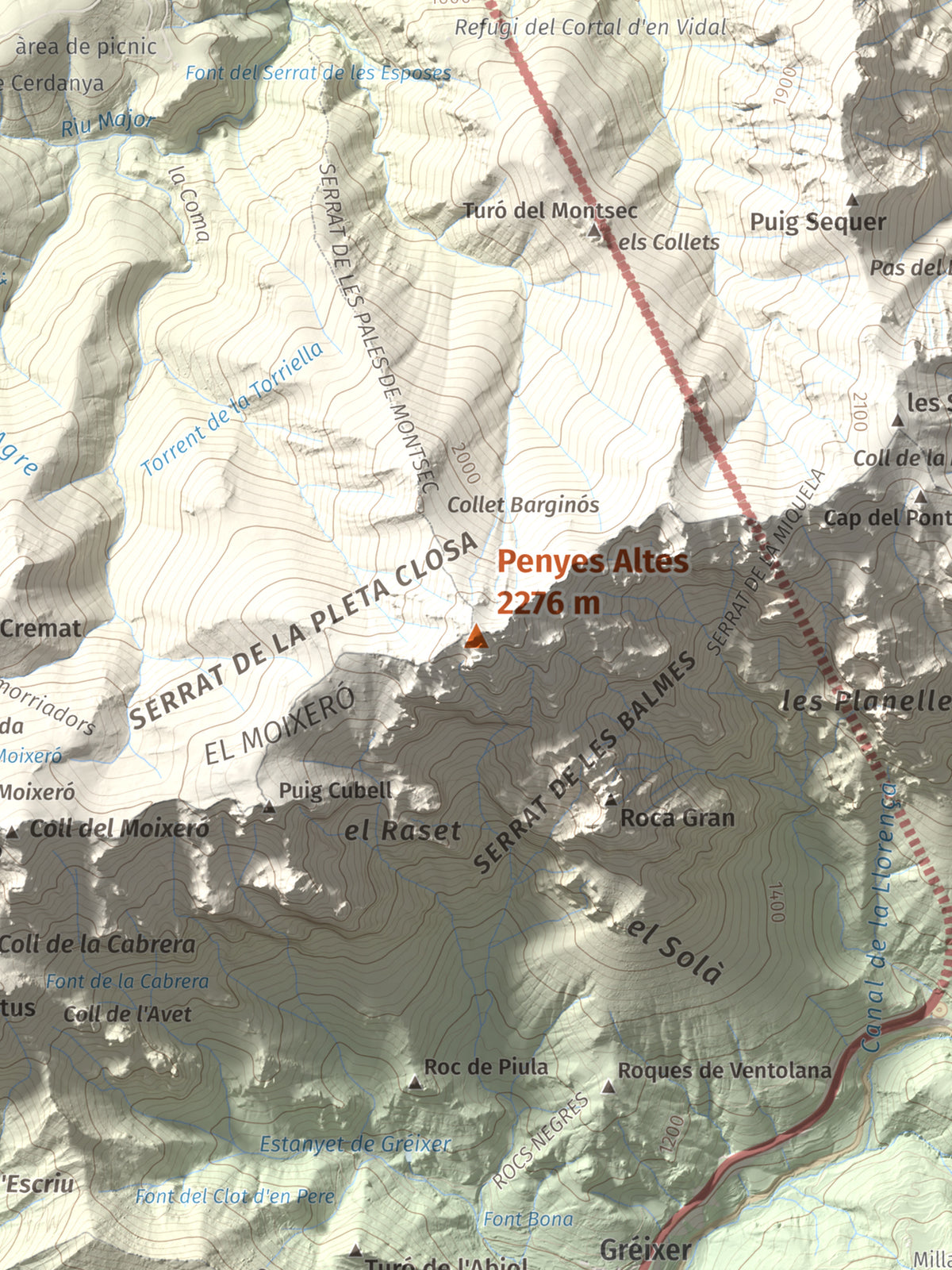 Mapa de relieve de Penyes Altes, 2276 m, Berguedà · Cerdanya, lámina 100 Cims de Trobart. Detalle de la zona central. 30 × 40 cm.