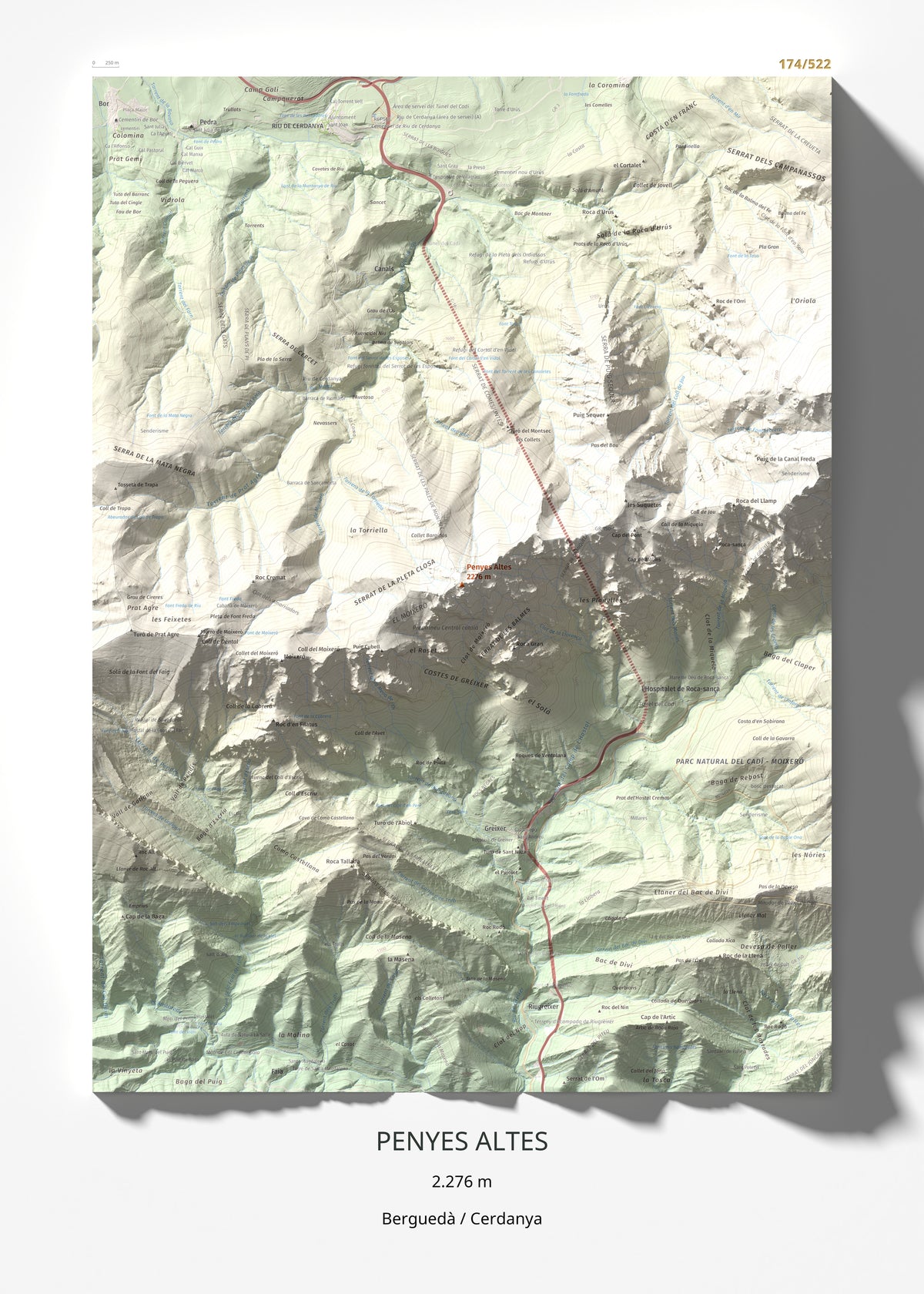 Mapa de relieve de Penyes Altes, 2276 m, Berguedà · Cerdanya, lámina 100 Cims de Trobart 50 × 70 cm.