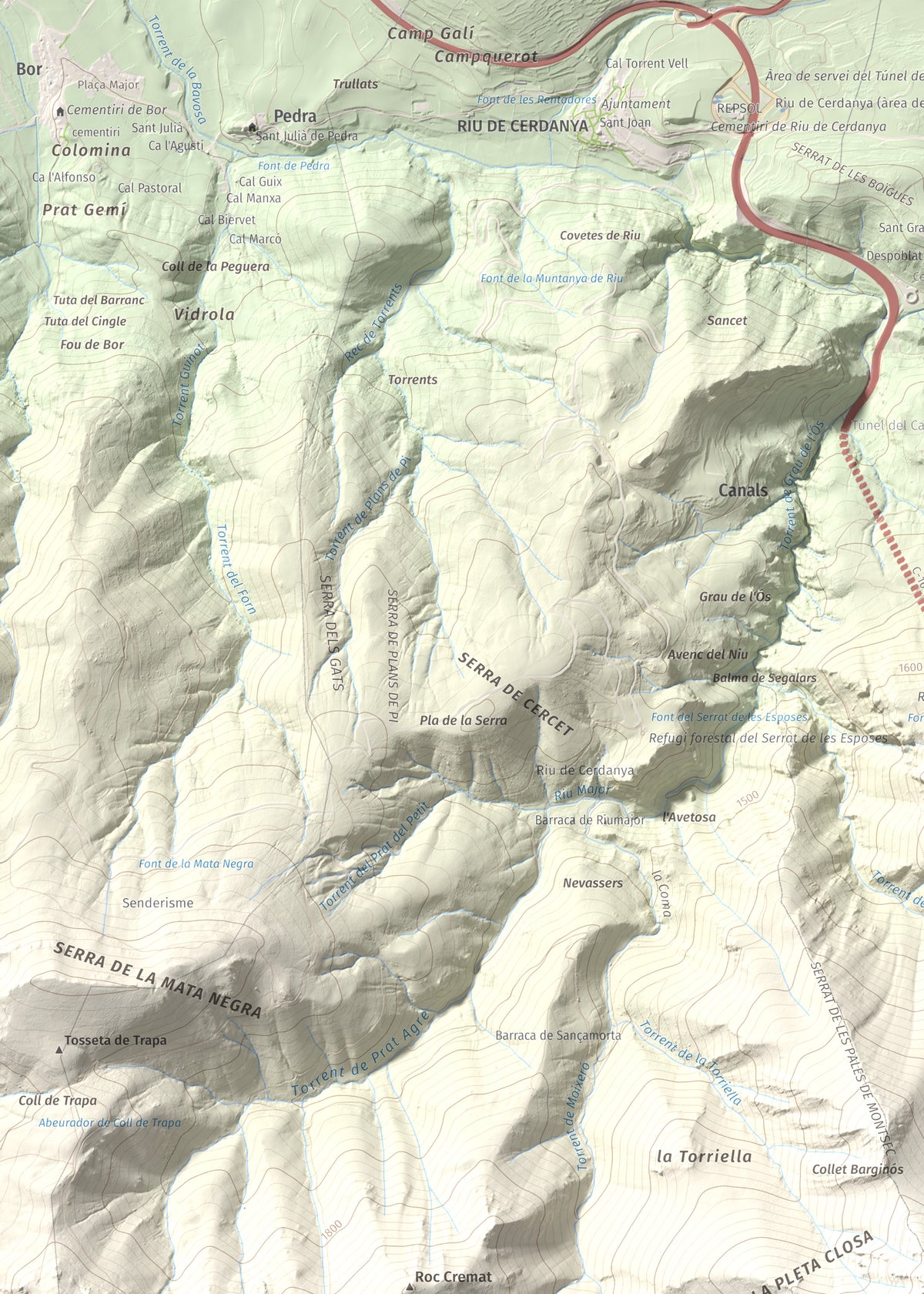 Mapa de relieve de Penyes Altes, 2276 m, Berguedà · Cerdanya, lámina 100 Cims de Trobart. Detalle de la zona superior izquierda. 50 × 70 cm.