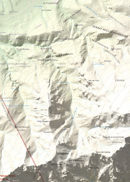 Mapa de relieve de Penyes Altes, 2276 m, Berguedà · Cerdanya, lámina 100 Cims de Trobart. Detalle de la zona superior derecha. 50 × 70 cm.