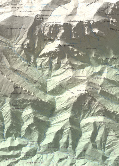 Mapa de relieve de Penyes Altes, 2276 m, Berguedà · Cerdanya, lámina 100 Cims de Trobart. Detalle de la zona inferior izquierda. 50 × 70 cm.