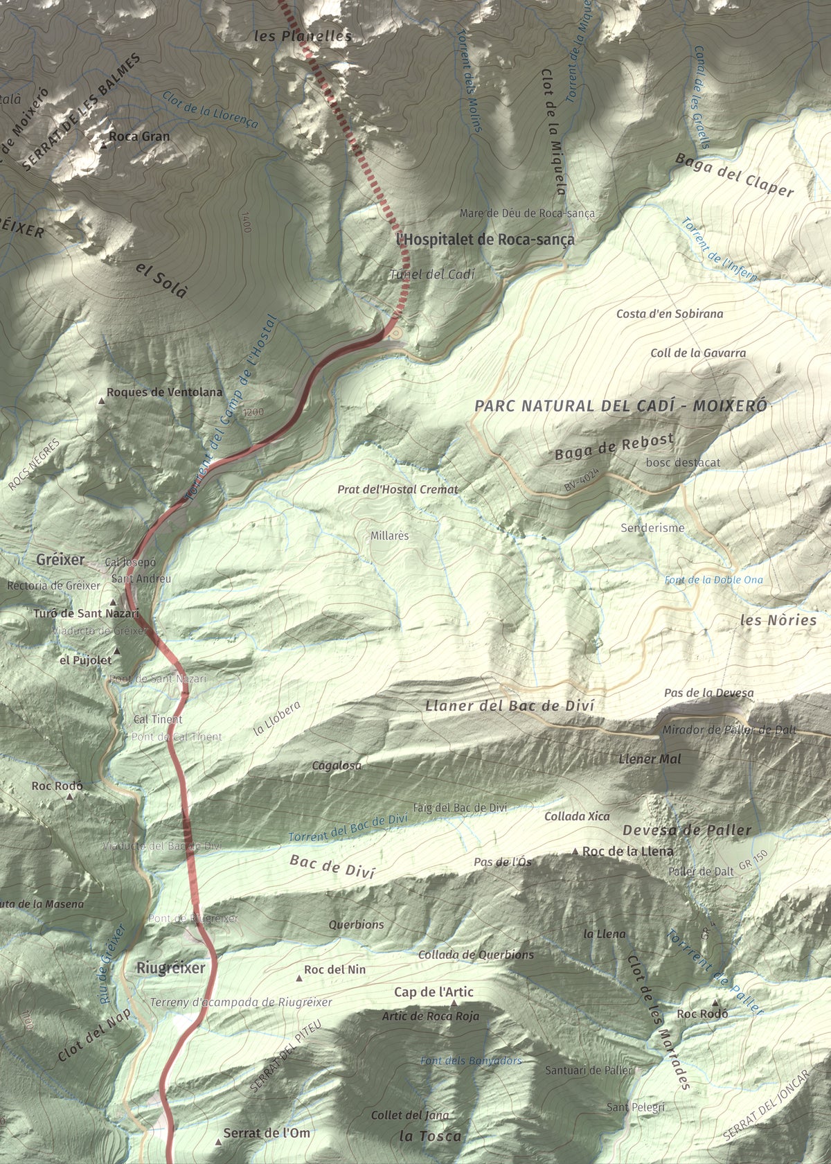 Mapa de relieve de Penyes Altes, 2276 m, Berguedà · Cerdanya, lámina 100 Cims de Trobart. Detalle de la zona inferior derecha. 50 × 70 cm.
