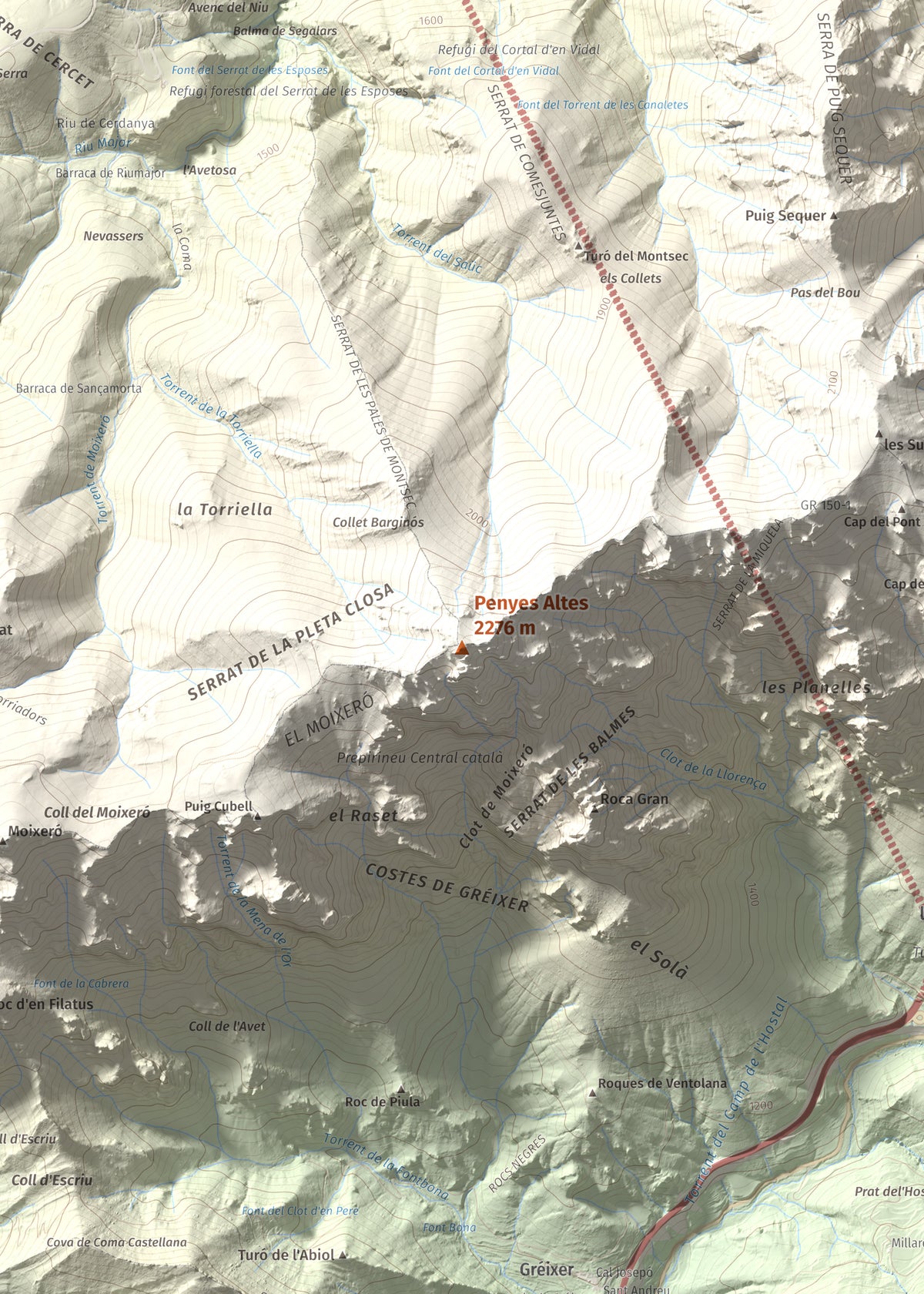 Mapa de relieve de Penyes Altes, 2276 m, Berguedà · Cerdanya, lámina 100 Cims de Trobart. Detalle de la zona central. 50 × 70 cm.