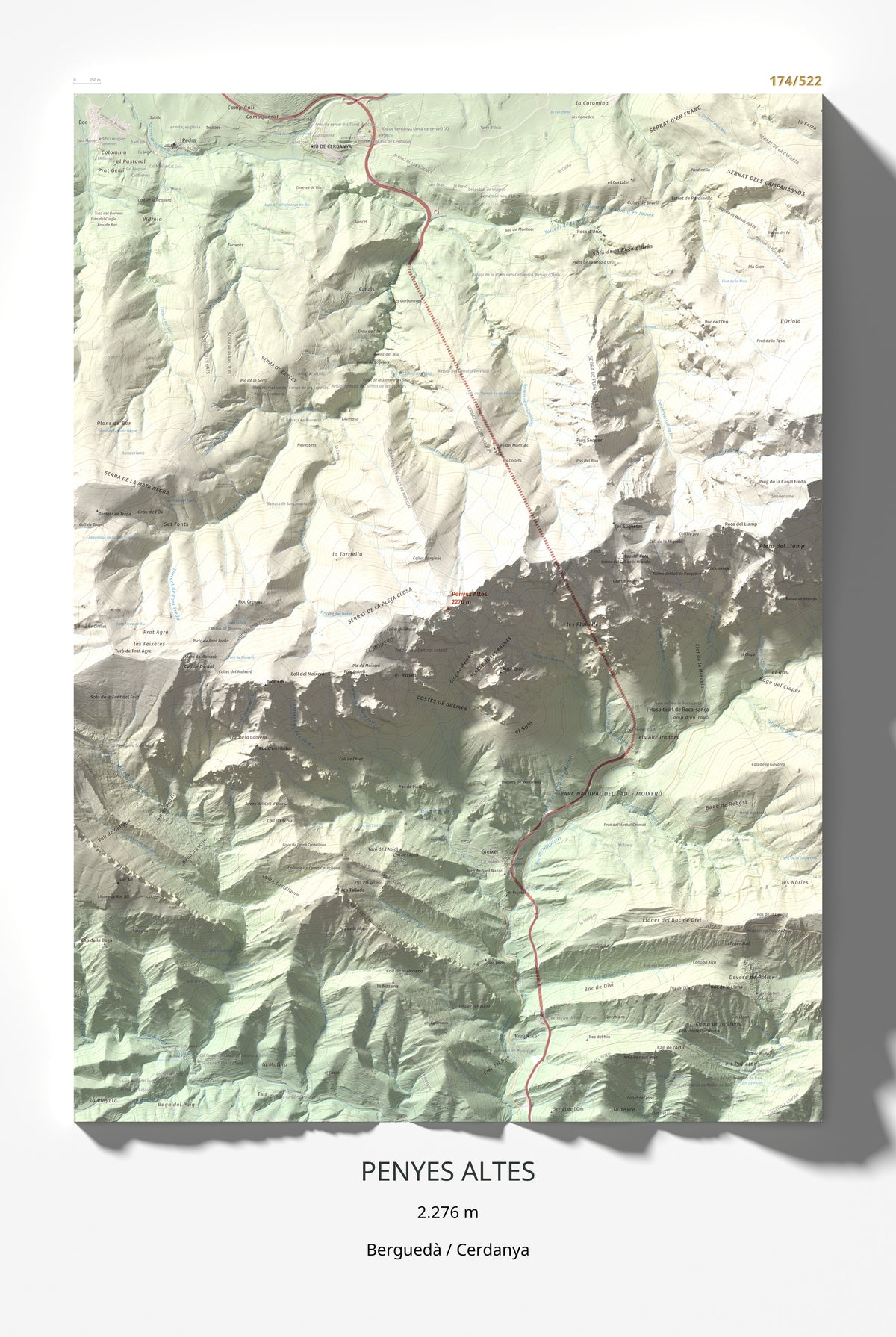 Mapa de relieve de Penyes Altes, 2276 m, Berguedà · Cerdanya, lámina 100 Cims de Trobart 61 × 91 cm.