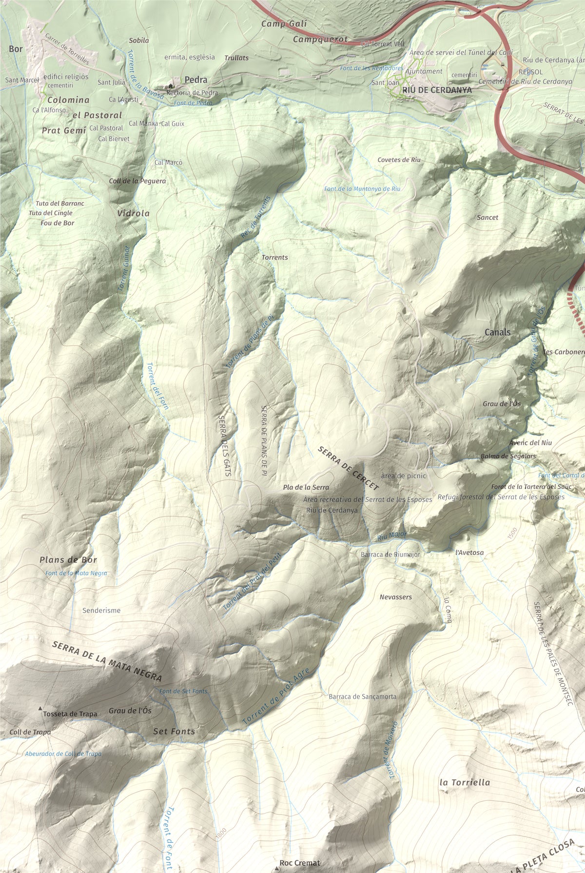 Mapa de relieve de Penyes Altes, 2276 m, Berguedà · Cerdanya, lámina 100 Cims de Trobart. Detalle de la zona superior izquierda. 61 × 91 cm.