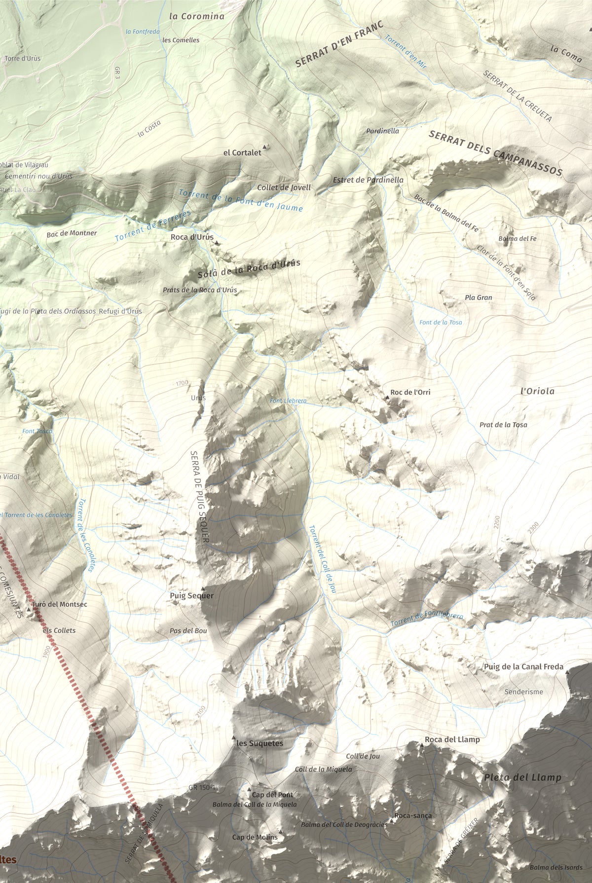 Mapa de relieve de Penyes Altes, 2276 m, Berguedà · Cerdanya, lámina 100 Cims de Trobart. Detalle de la zona superior derecha. 61 × 91 cm.