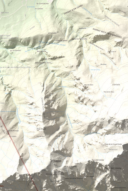 Mapa de relieve de Penyes Altes, 2276 m, Berguedà · Cerdanya, lámina 100 Cims de Trobart. Detalle de la zona superior derecha. 61 × 91 cm.