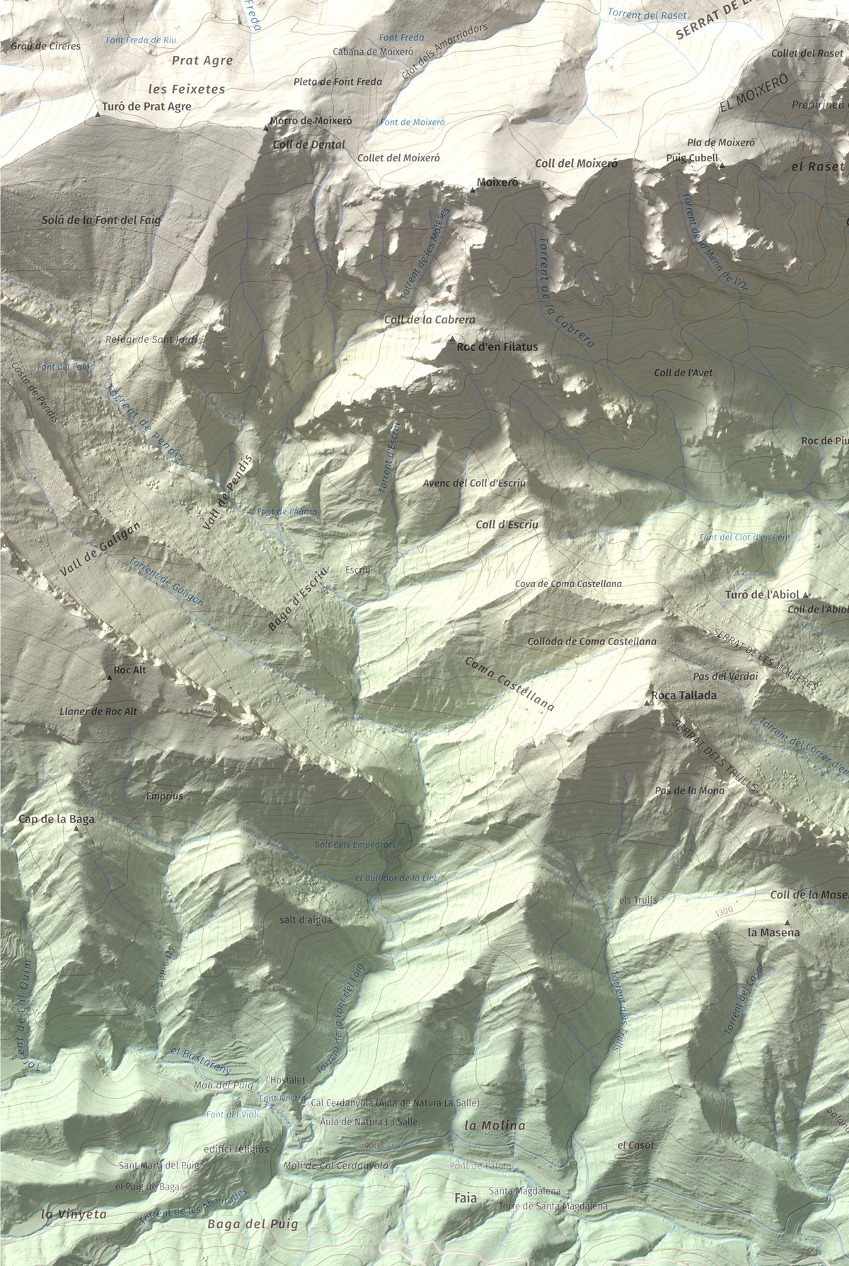 Mapa de relieve de Penyes Altes, 2276 m, Berguedà · Cerdanya, lámina 100 Cims de Trobart. Detalle de la zona inferior izquierda. 61 × 91 cm.