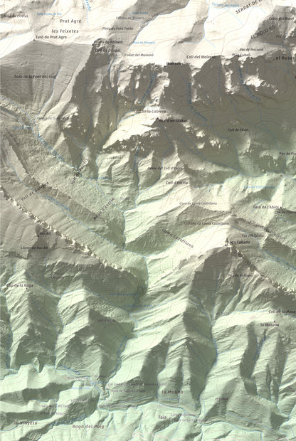Mapa de relieve de Penyes Altes, 2276 m, Berguedà · Cerdanya, lámina 100 Cims de Trobart. Detalle de la zona inferior izquierda. 61 × 91 cm.