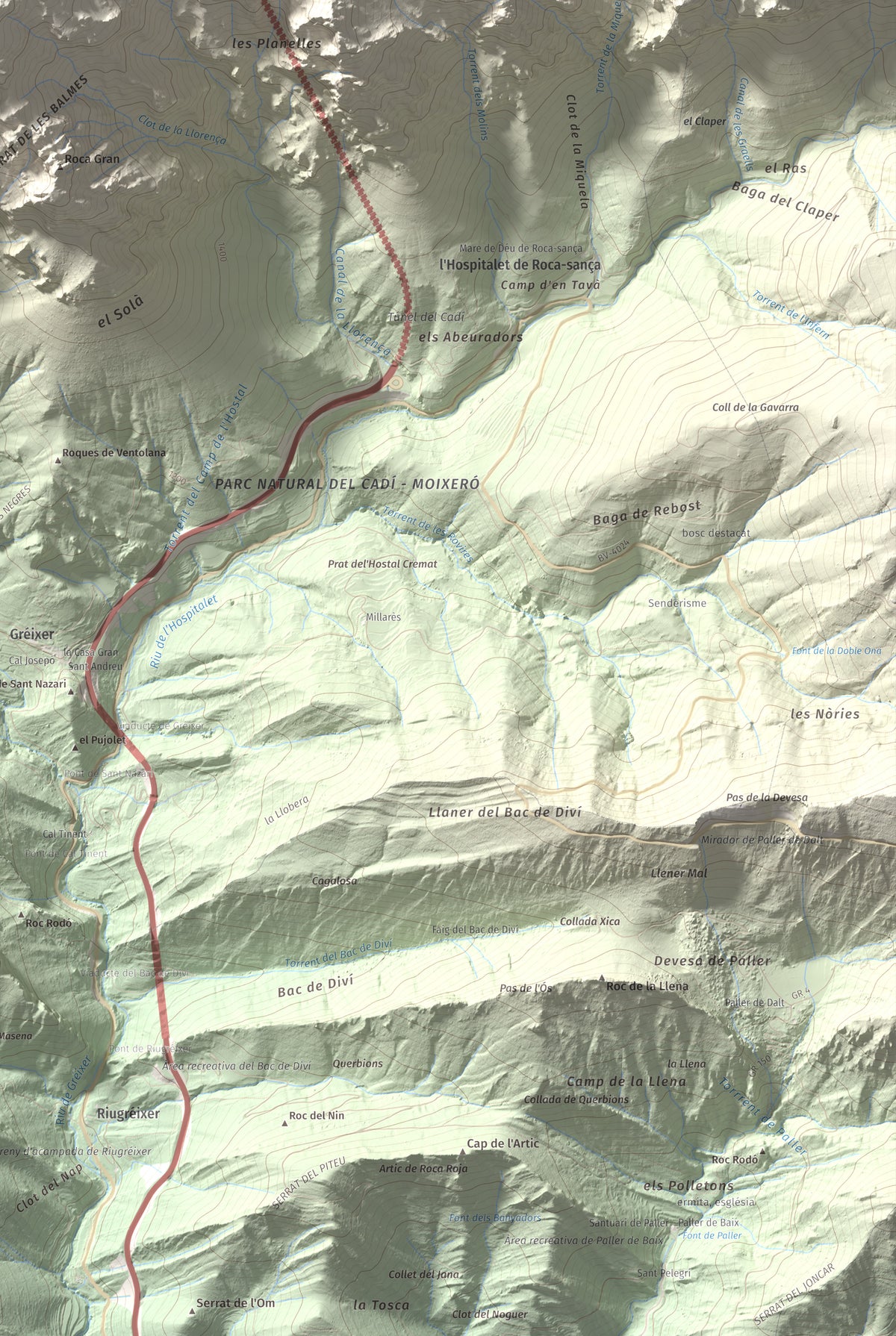 Mapa de relieve de Penyes Altes, 2276 m, Berguedà · Cerdanya, lámina 100 Cims de Trobart. Detalle de la zona inferior derecha. 61 × 91 cm.
