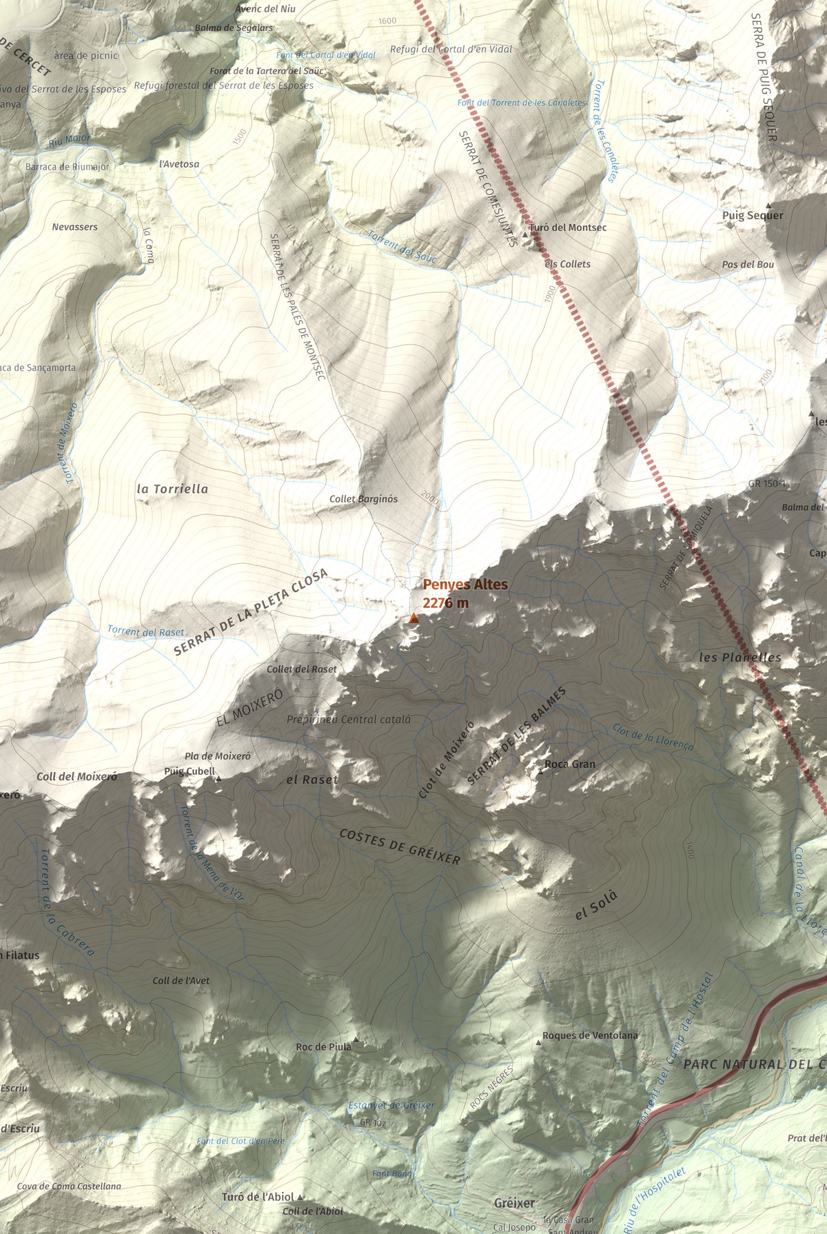 Mapa de relieve de Penyes Altes, 2276 m, Berguedà · Cerdanya, lámina 100 Cims de Trobart. Detalle de la zona central. 61 × 91 cm.