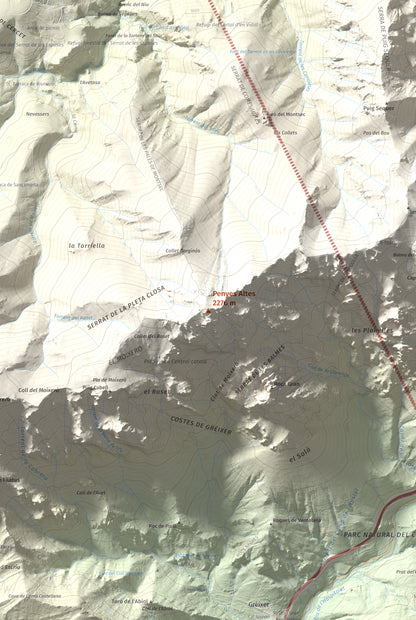 Mapa de relieve de Penyes Altes, 2276 m, Berguedà · Cerdanya, lámina 100 Cims de Trobart. Detalle de la zona central. 61 × 91 cm.