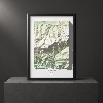 Mapa de relieve de Penyes Altes, 2276 m, Berguedà · Cerdanya, lámina 100 Cims de Trobart. Presentación enmarcada. 70 × 100 cm.