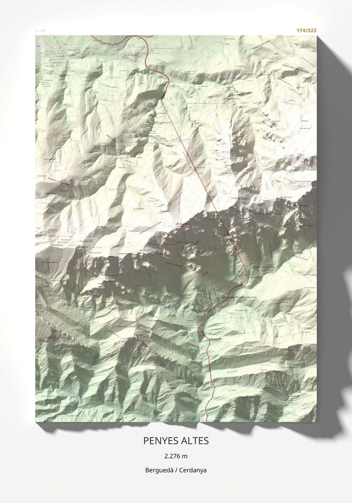 Mapa de relieve de Penyes Altes, 2276 m, Berguedà · Cerdanya, lámina 100 Cims de Trobart 70 × 100 cm.