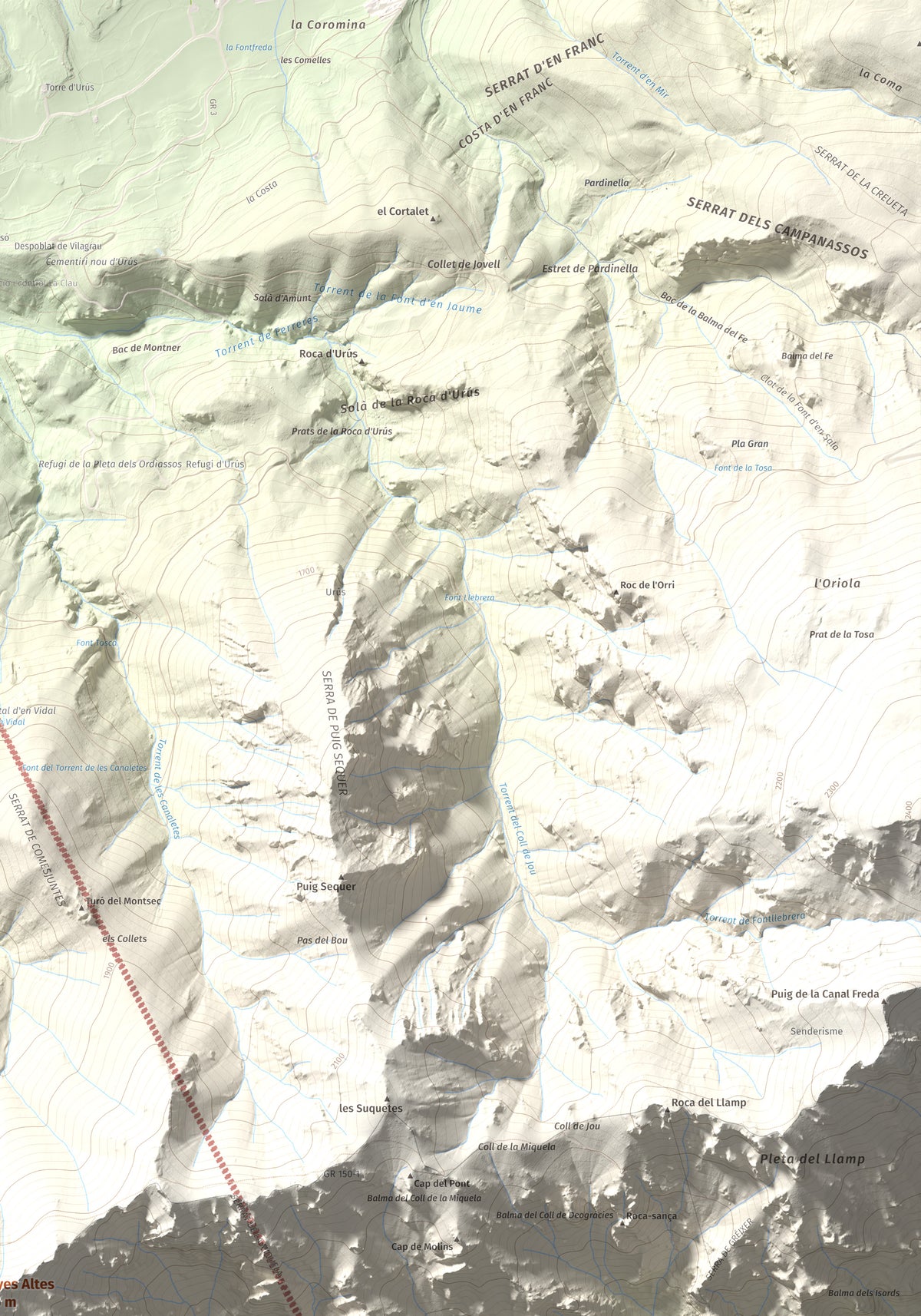 Mapa de relieve de Penyes Altes, 2276 m, Berguedà · Cerdanya, lámina 100 Cims de Trobart. Detalle de la zona superior derecha. 70 × 100 cm.